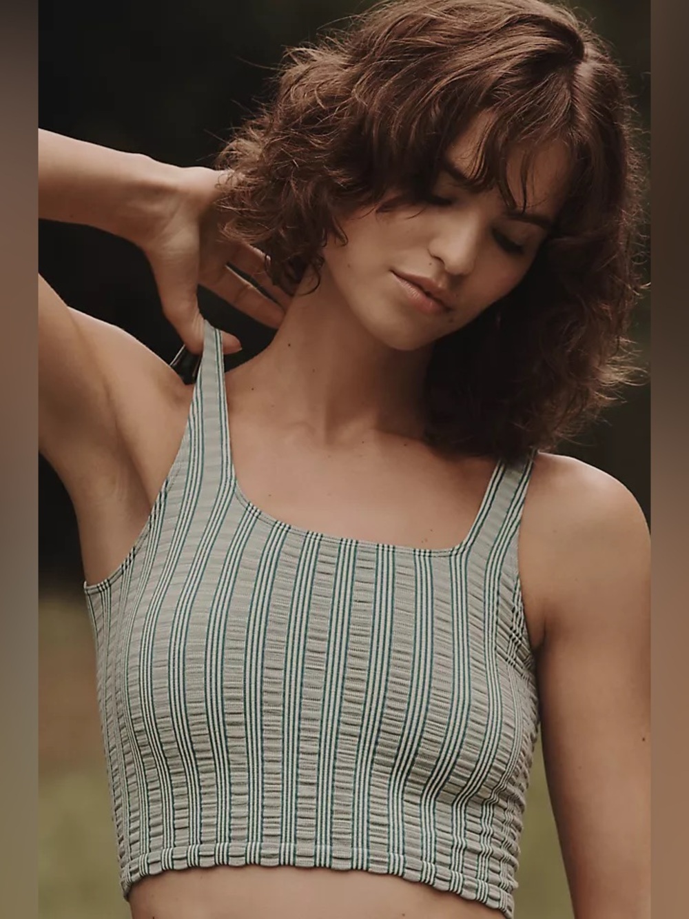 Anthropologie | The Hannah Seamless Striped Textured Shirred Tank Top-Sage Green